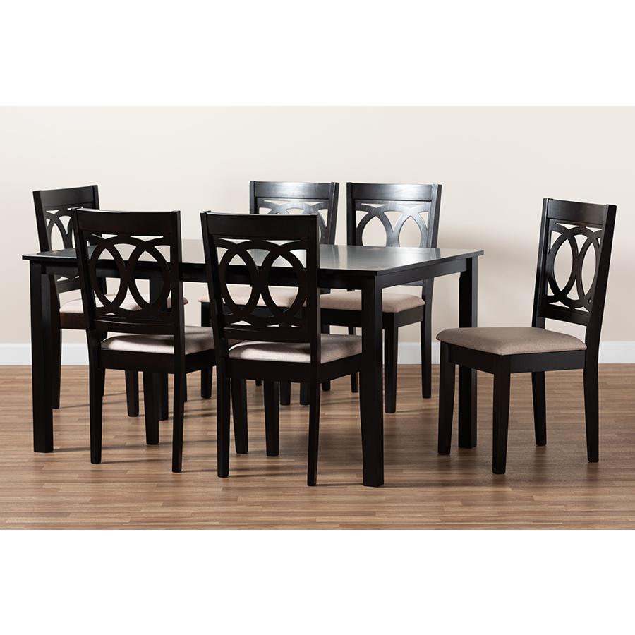 Lenoir Modern and Contemporary Sand Fabric Upholstered Espresso Brown Finished Wood 7-Piece Dining Set. Picture 6