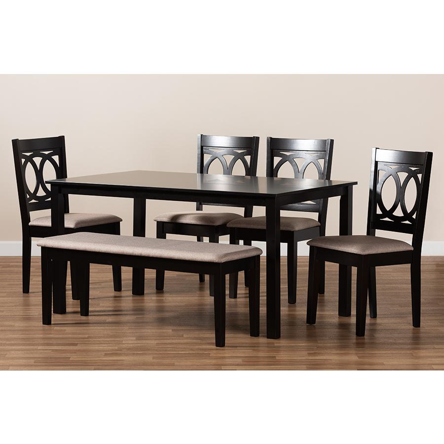 Sand Fabric Upholstered and Dark Brown Finished Wood 6-Piece Dining Set. Picture 8