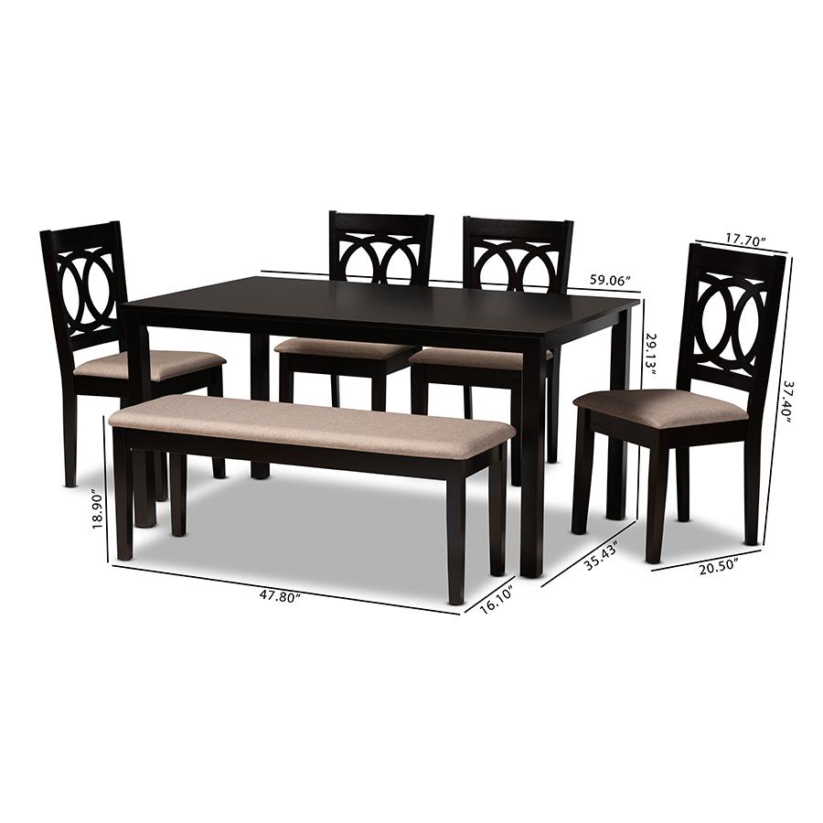 Sand Fabric Upholstered and Dark Brown Finished Wood 6-Piece Dining Set. Picture 9