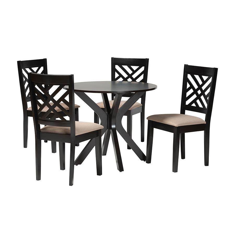 Norah Modern Sand Fabric and Dark Brown Finished Wood 5-Piece Dining Set. Picture 1