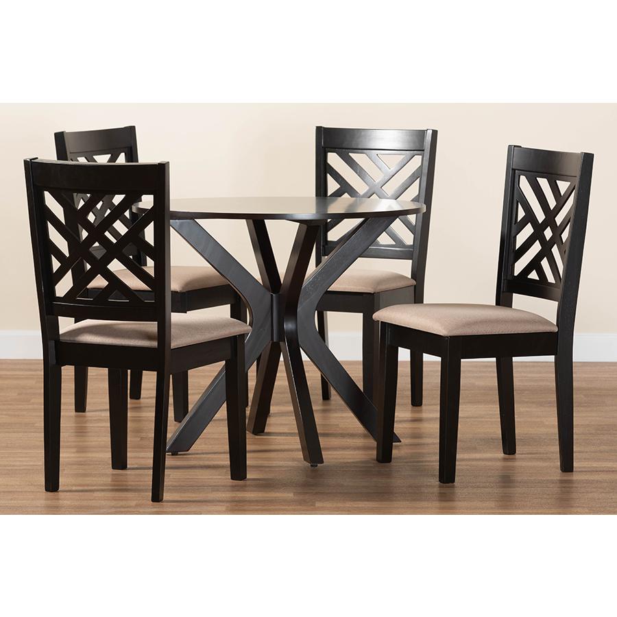 Norah Modern Sand Fabric and Dark Brown Finished Wood 5-Piece Dining Set. Picture 9
