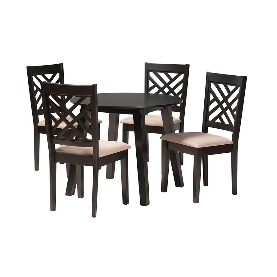 Ellie Modern Beige Fabric and Dark Brown Finished Wood 5-Piece Dining Set. Picture 1