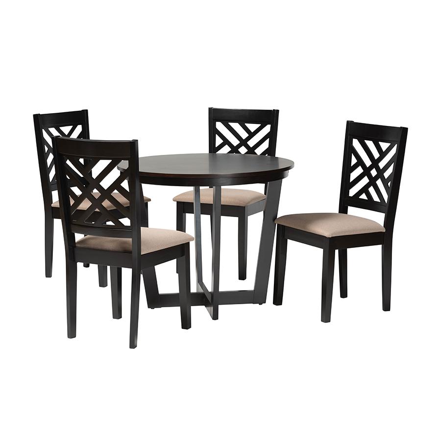Alena Modern Sand Fabric and Dark Brown Finished Wood 5-Piece Dining Set. Picture 1