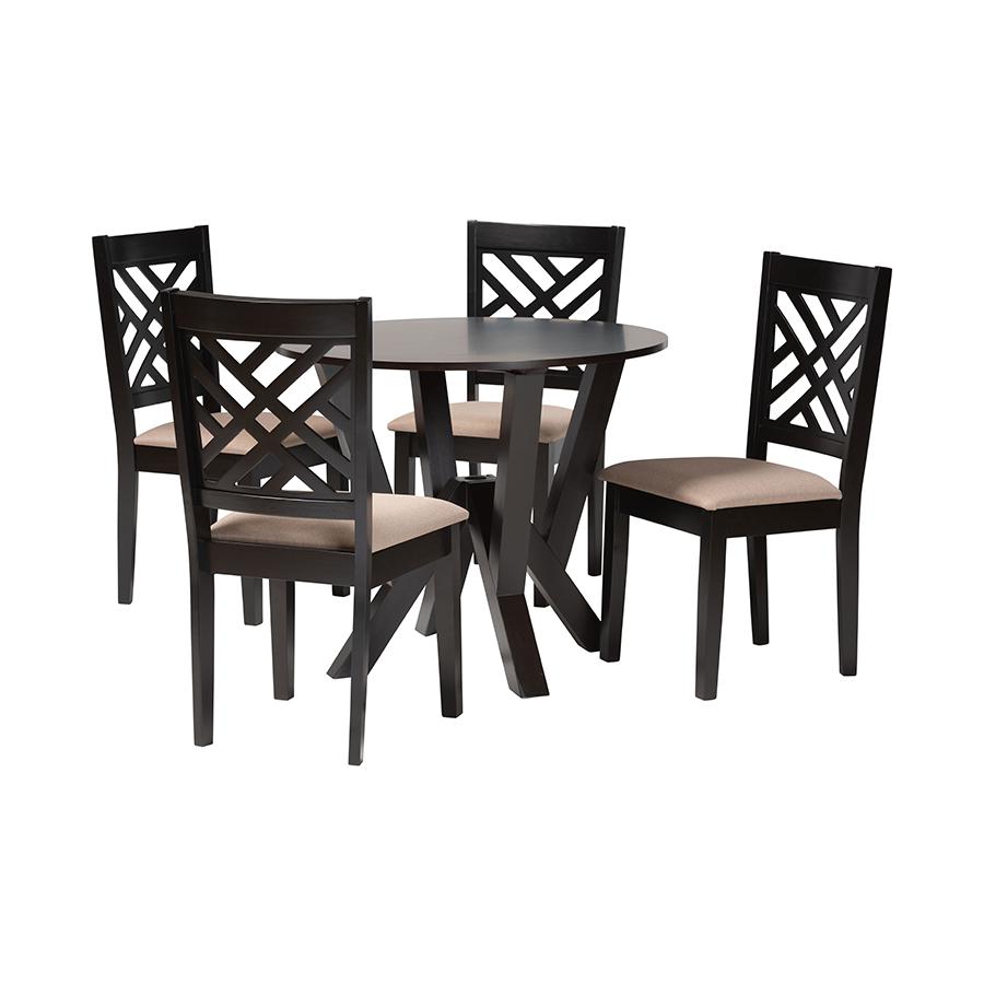 Elise Modern Sand Fabric and Dark Brown Finished Wood 5-Piece Dining Set. Picture 1