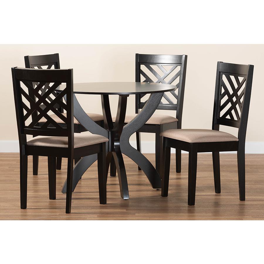 Edona Modern Sand Fabric and Walnut Brown Finished Wood 5-Piece Dining Set. Picture 9