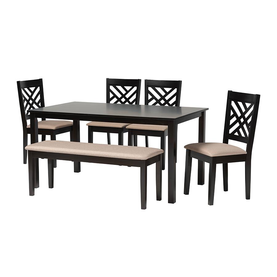 Gustavo Modern Sand Fabric and Walnut Brown Finished Wood 6-Piece Dining Set. Picture 1