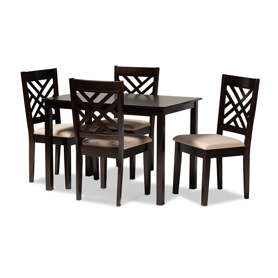 Baxton Studio Caron Modern and Contemporary Sand Fabric Upholstered Espresso Brown Finished Wood 5-Piece Dining Set. Picture 2
