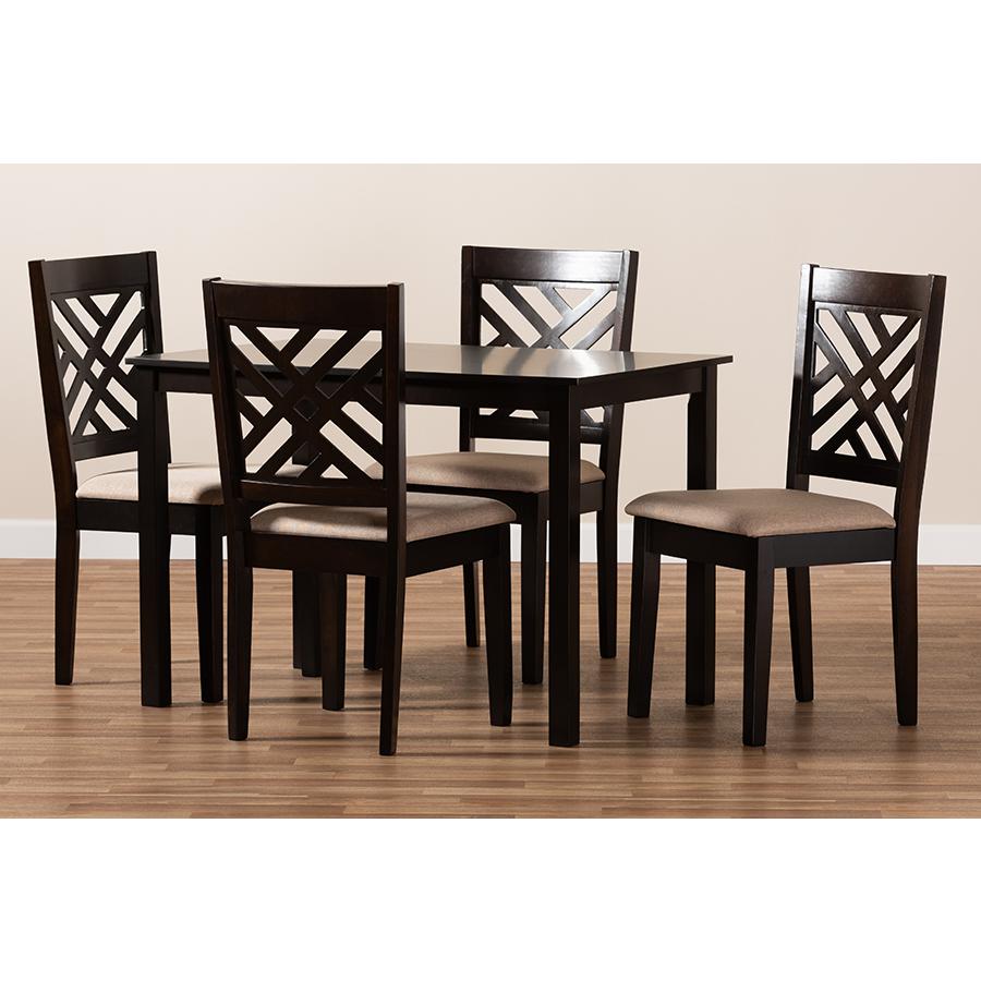 Baxton Studio Caron Modern and Contemporary Sand Fabric Upholstered Espresso Brown Finished Wood 5-Piece Dining Set. Picture 5
