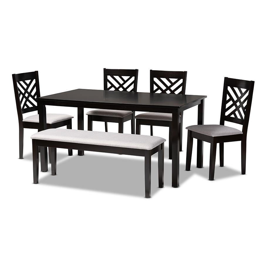 Modern Contemporary Grey Fabric Upholstered and Dark Brown Finished Wood 6Piece Dining Set. Picture 1