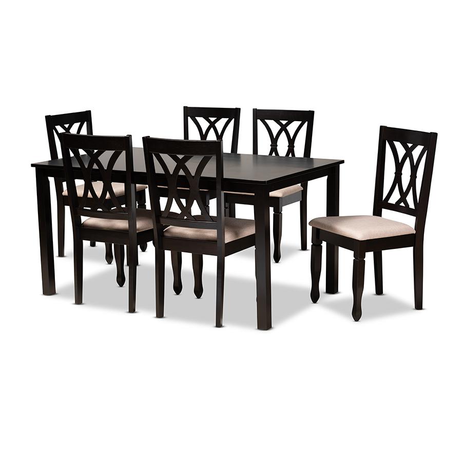 Reneau Modern and Contemporary Sand Fabric Upholstered Espresso Brown Finished Wood 7-Piece Dining Set. Picture 1