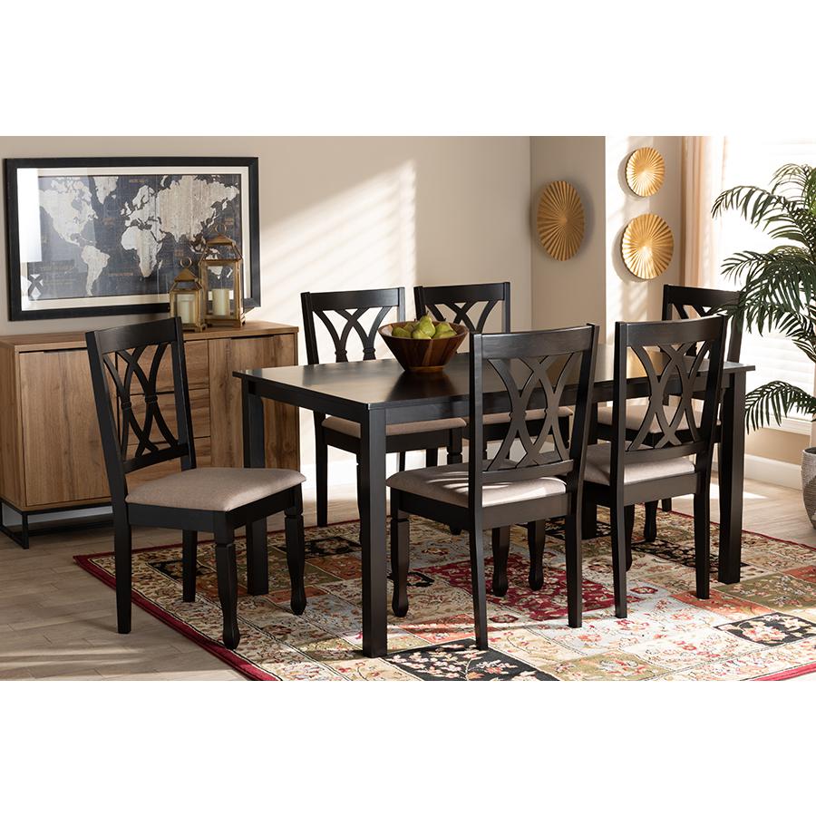 Reneau Modern and Contemporary Sand Fabric Upholstered Espresso Brown Finished Wood 7-Piece Dining Set. Picture 6