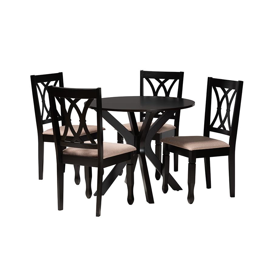 Maya Modern Beige Fabric and Espresso Brown Finished Wood 5-Piece Dining Set. Picture 1