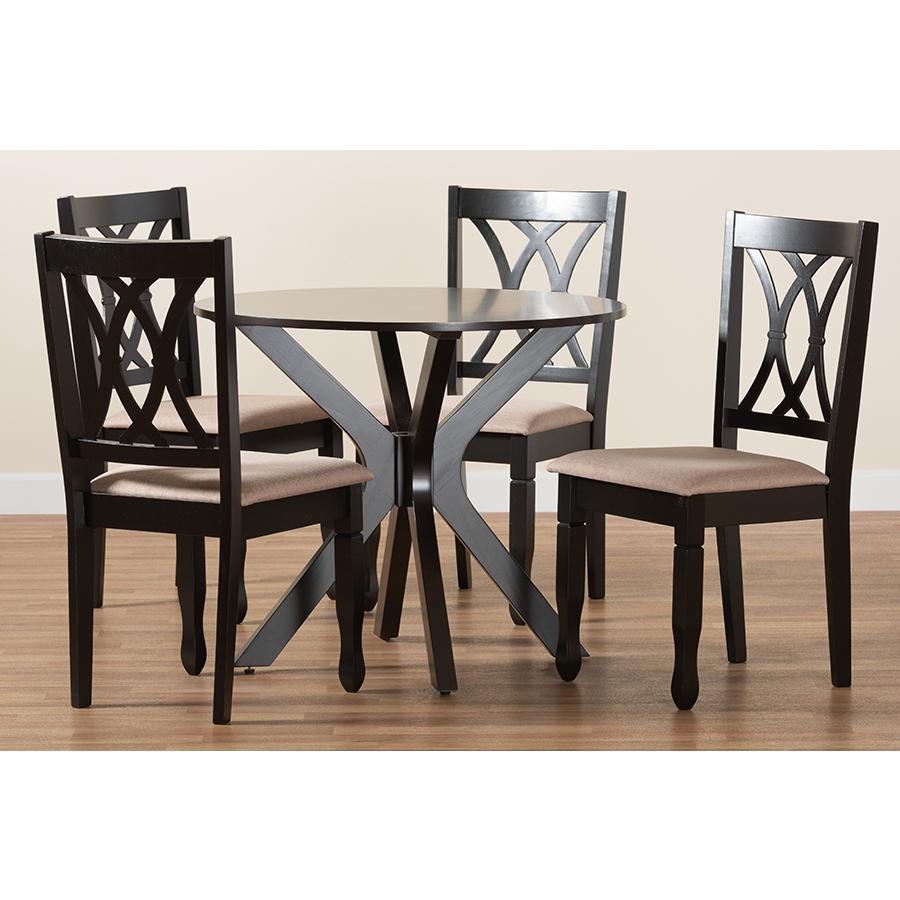 Maya Modern Beige Fabric and Espresso Brown Finished Wood 5-Piece Dining Set. Picture 9