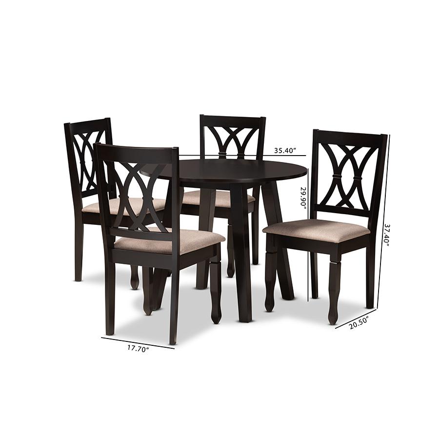 Sand Fabric Upholstered and Dark Brown Finished Wood 5-Piece Dining Set. Picture 9