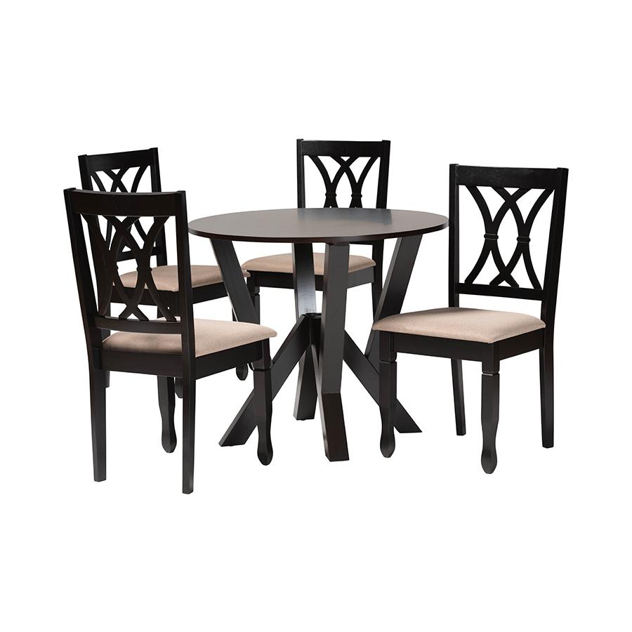 Irene Modern Sand Fabric and Dark Brown Finished Wood 5-Piece Dining Set. Picture 1