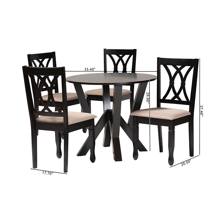 Irene Modern Sand Fabric and Dark Brown Finished Wood 5-Piece Dining Set. Picture 10
