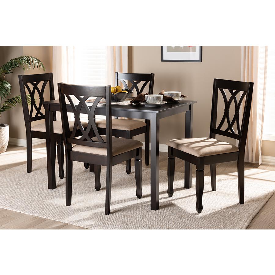 Baxton Studio Reneau Modern and Contemporary Sand Fabric Upholstered Espresso Brown Finished Wood 5-Piece Dining Set. Picture 1
