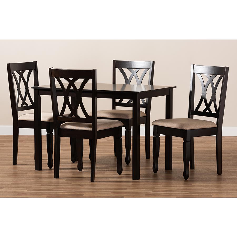 Baxton Studio Reneau Modern and Contemporary Sand Fabric Upholstered Espresso Brown Finished Wood 5-Piece Dining Set. Picture 5