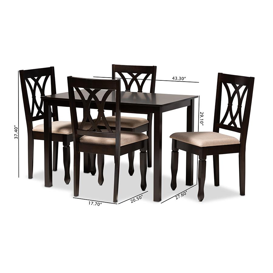 Baxton Studio Reneau Modern and Contemporary Sand Fabric Upholstered Espresso Brown Finished Wood 5-Piece Dining Set. Picture 6