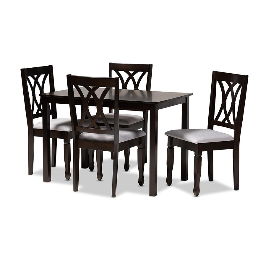 Baxton Studio Reneau Modern and Contemporary Gray Fabric Upholstered Espresso Brown Finished Wood 5-Piece Dining Set. Picture 2