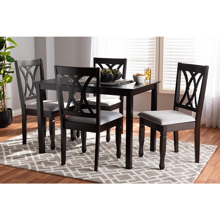 Baxton Studio Reneau Modern and Contemporary Gray Fabric Upholstered Espresso Brown Finished Wood 5-Piece Dining Set. Picture 1