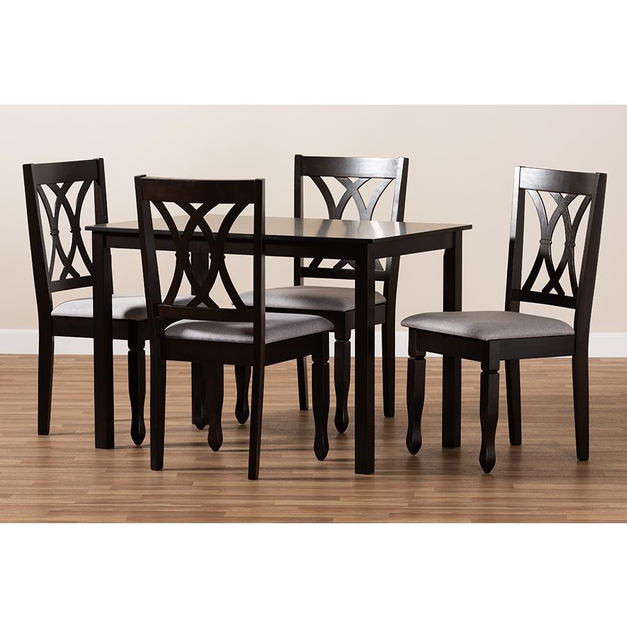 Baxton Studio Reneau Modern and Contemporary Gray Fabric Upholstered Espresso Brown Finished Wood 5-Piece Dining Set. Picture 5