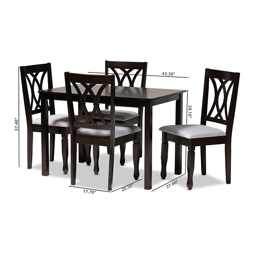 Baxton Studio Reneau Modern and Contemporary Gray Fabric Upholstered Espresso Brown Finished Wood 5-Piece Dining Set. Picture 6