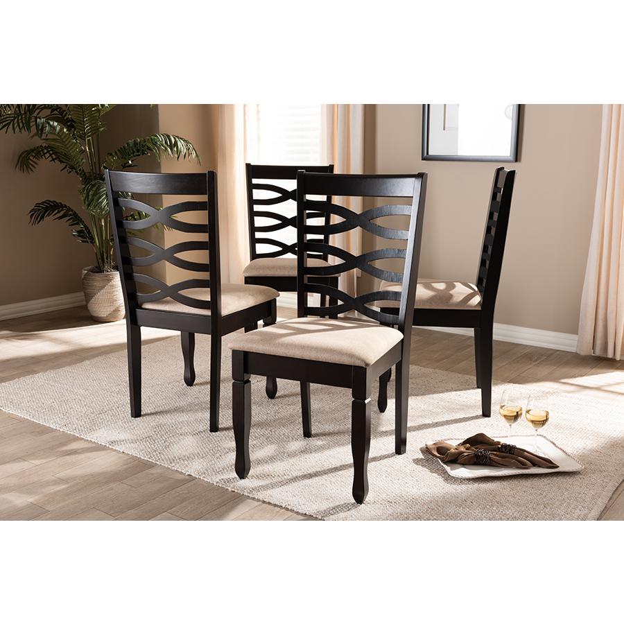 Sand Fabric Upholstered Espresso Brown Finished Wood Dining Chair Set of 4. Picture 5