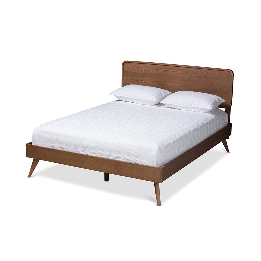 Demeter Mid-Century Modern Walnut Brown Finished Wood Full Size Platform Bed. Picture 1