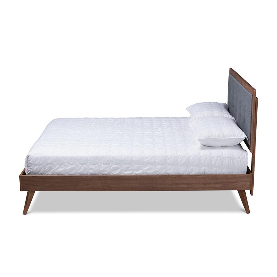 Baxton Studio Ines Mid-Century Modern Dark Grey Fabric Upholstered Walnut Brown Finished Wood Full Size Platform Bed. Picture 2