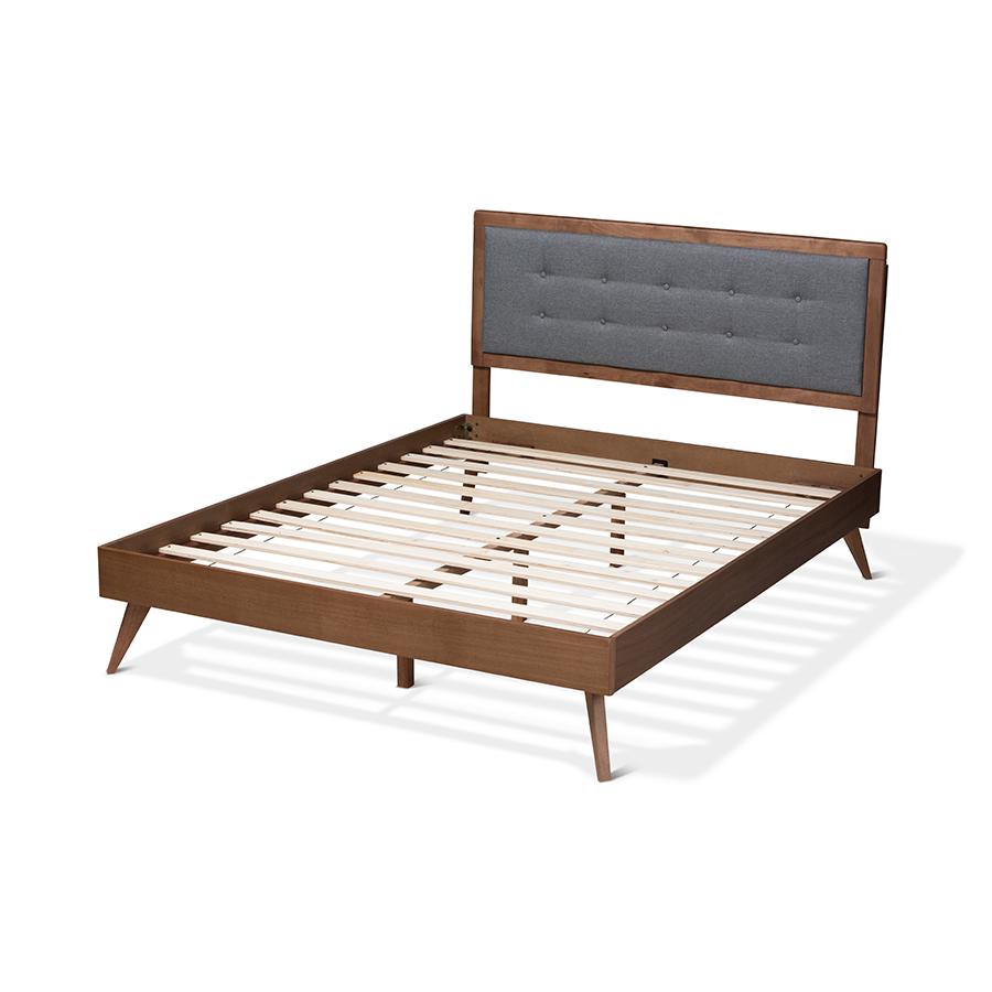 Baxton Studio Ines Mid-Century Modern Dark Grey Fabric Upholstered Walnut Brown Finished Wood Full Size Platform Bed. Picture 3