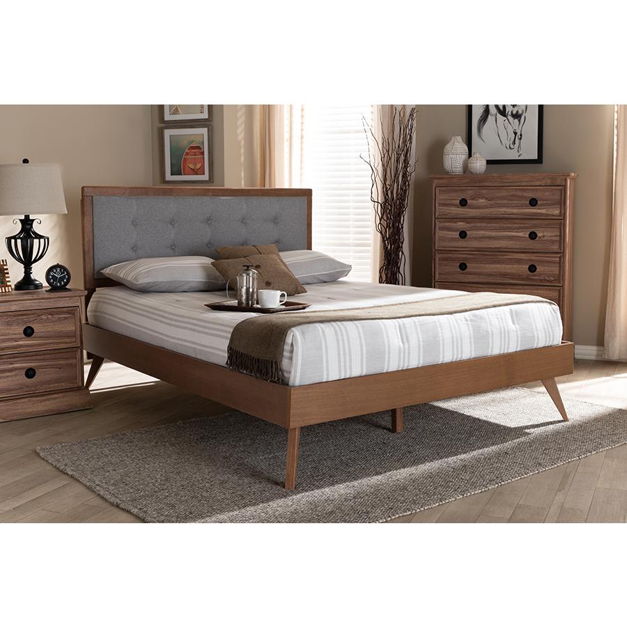 Baxton Studio Ines Mid-Century Modern Light Grey Fabric Upholstered Walnut Brown Finished Wood Full Size Platform Bed. Picture 6