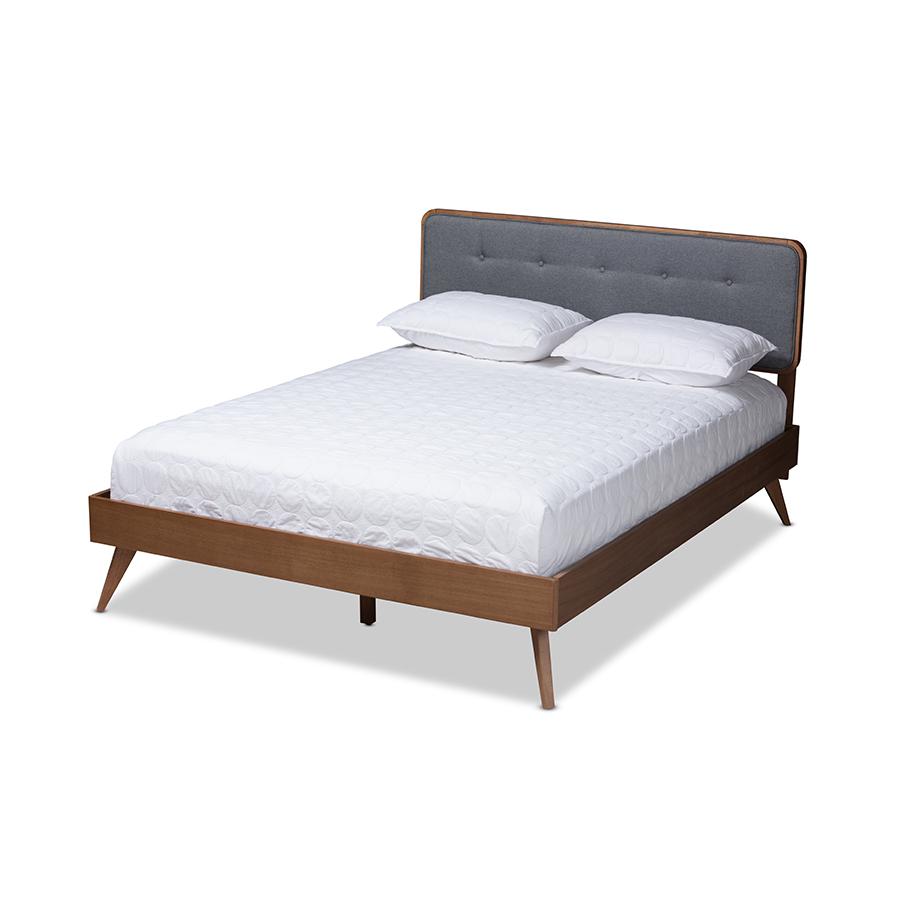 Baxton Studio Dilara Mid-Century Modern Dark Grey Fabric Upholstered Walnut Brown Finished Wood Full Size Platform Bed. Picture 1
