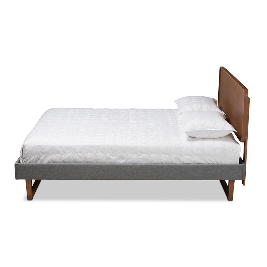 Dark Grey Fabric Upholstered Walnut Brown Finished Wood Full Size Platform Bed. Picture 2