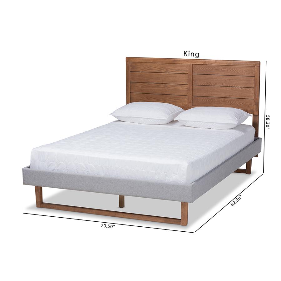 Baxton Studio Claudia Rustic Modern Light Grey Fabric Upholstered and Walnut Brown Finished Wood King Size Platform Bed. Picture 10