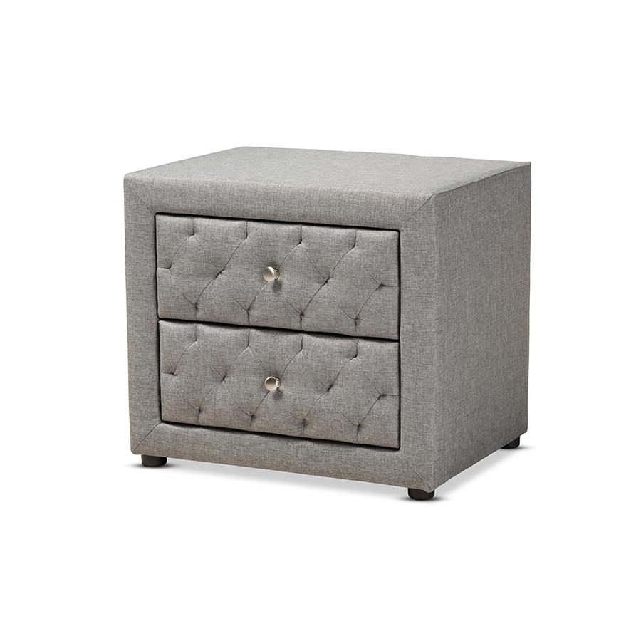 Lepine Modern and Contemporary Gray Fabric Upholstered 2-Drawer Wood Nightstand. Picture 1