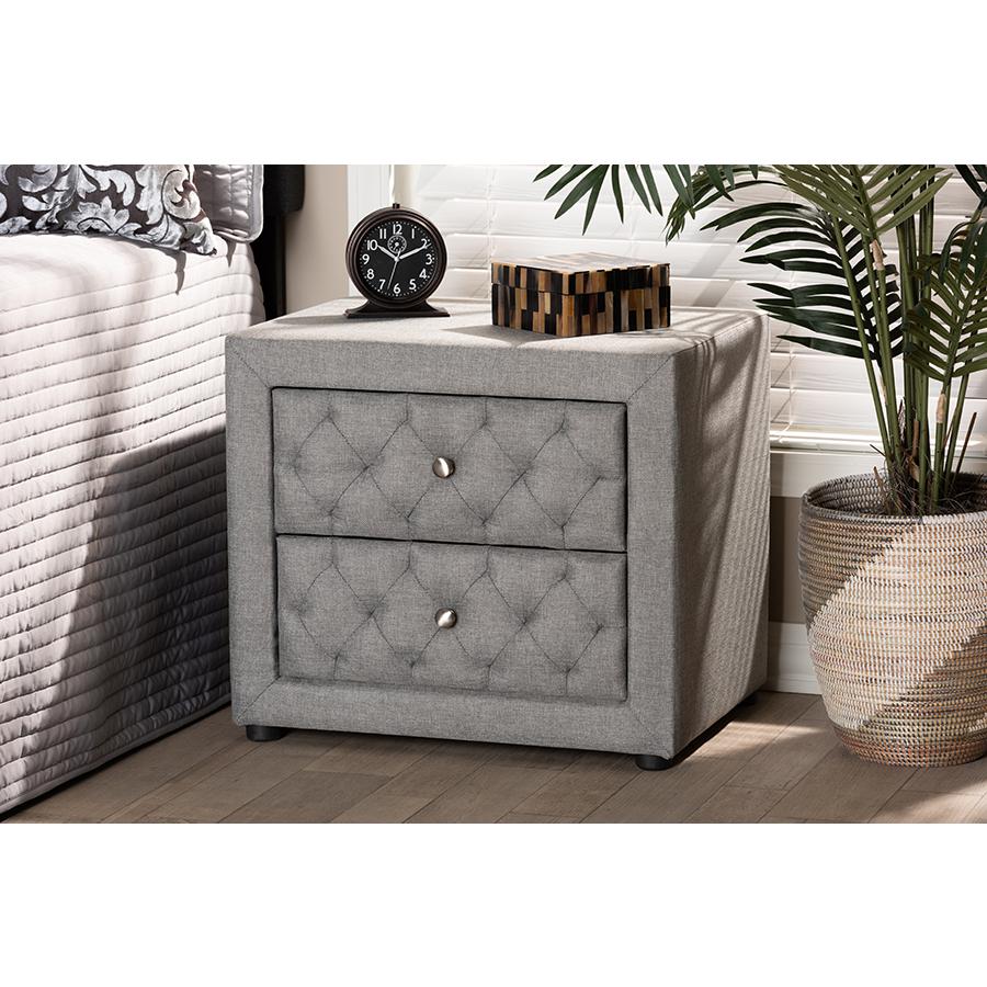 Lepine Modern and Contemporary Gray Fabric Upholstered 2-Drawer Wood Nightstand. Picture 6