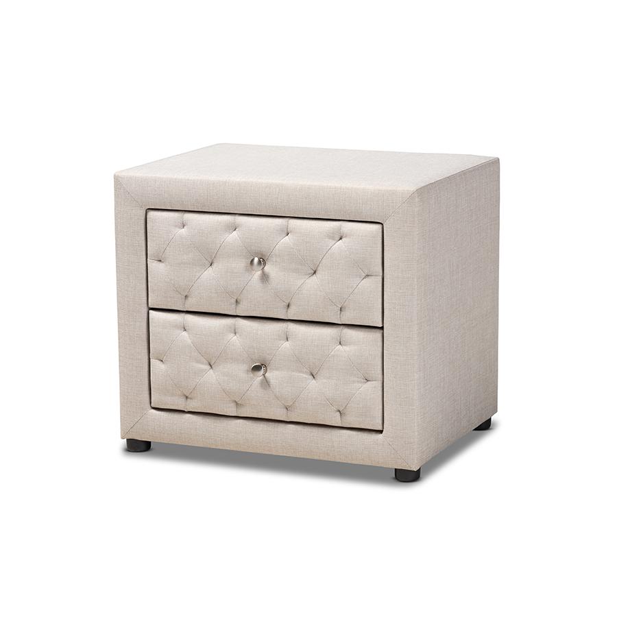 Light Beige Fabric Upholstered 2-Drawer Wood Nightstand. Picture 1