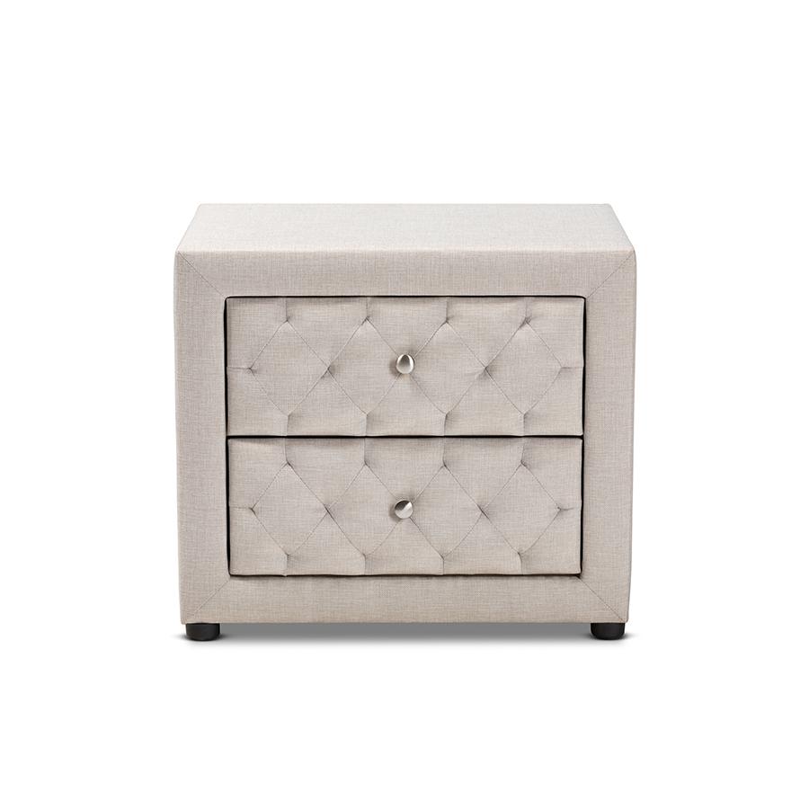 Light Beige Fabric Upholstered 2-Drawer Wood Nightstand. Picture 3
