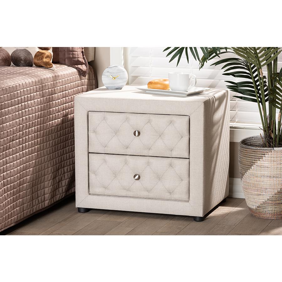 Baxton Studio Lepine Modern and Contemporary Light Beige Fabric Upholstered 2-Drawer Wood Nightstand. Picture 6
