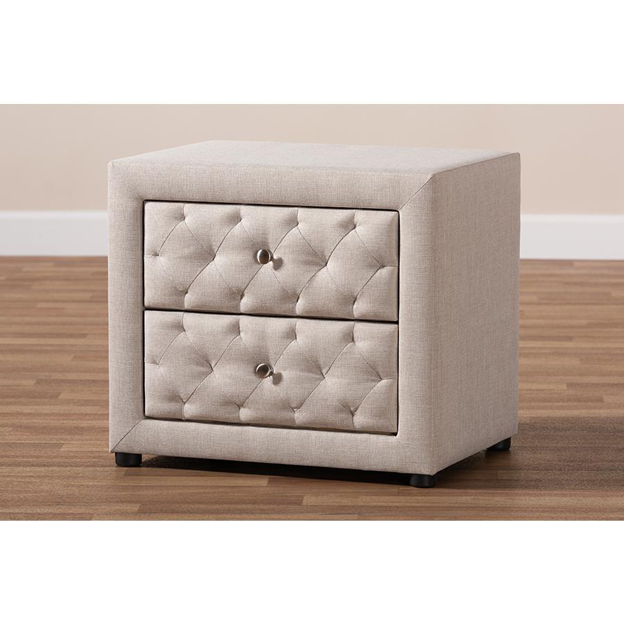 Light Beige Fabric Upholstered 2-Drawer Wood Nightstand. Picture 7