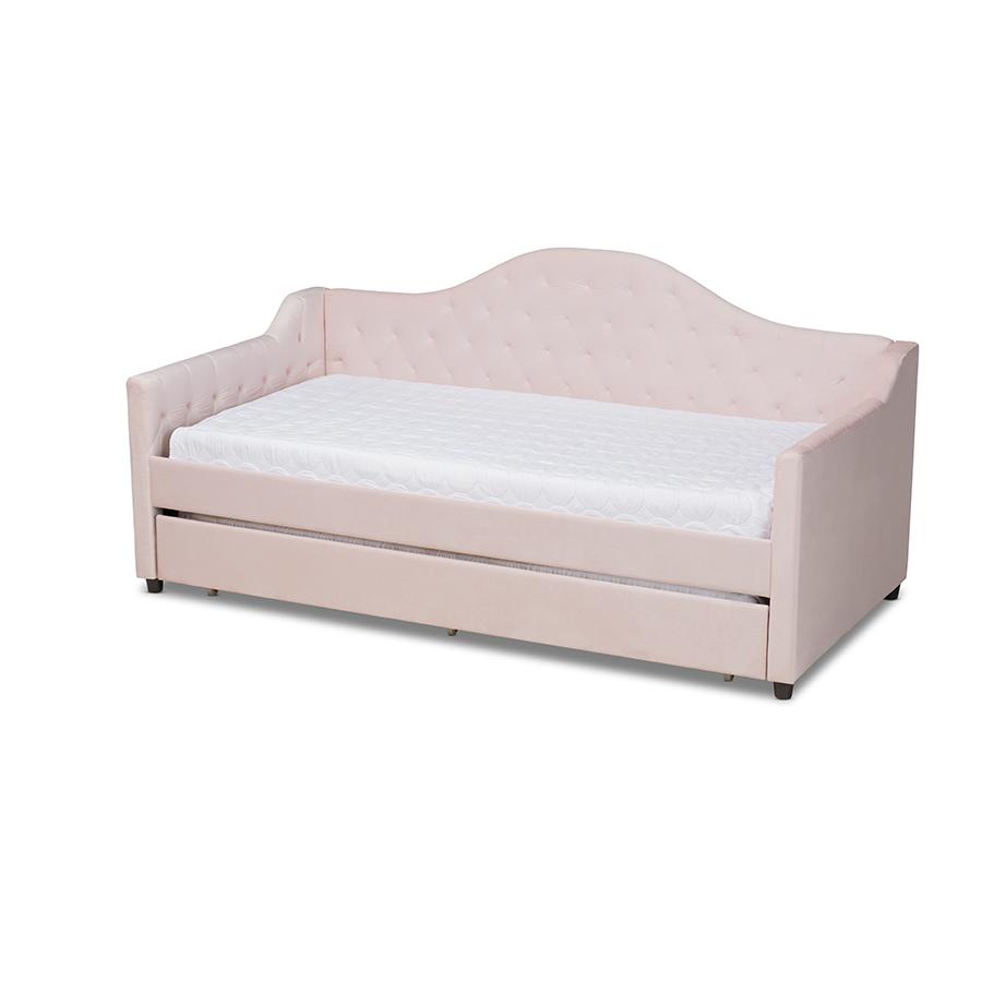 Light Pink Velvet and Button Tufted Twin Size Daybed with Trundle. Picture 1