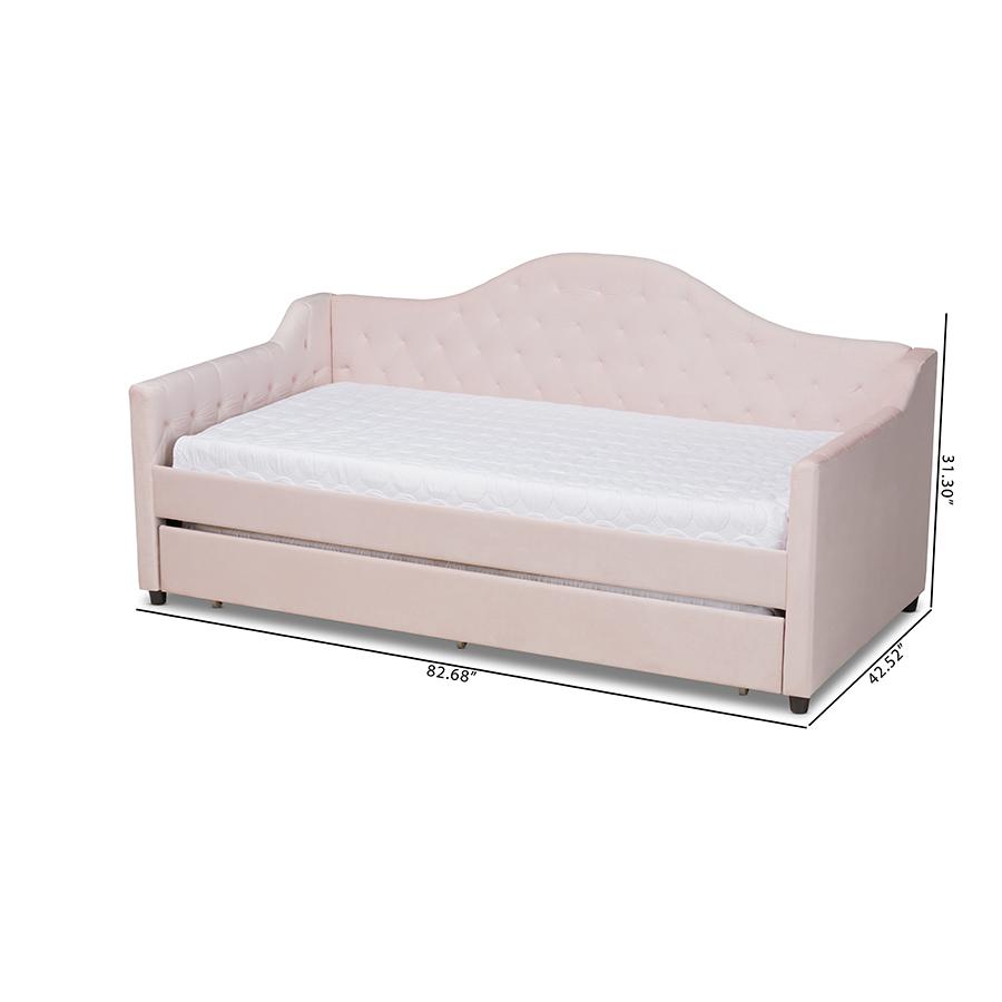 Light Pink Velvet and Button Tufted Twin Size Daybed with Trundle. Picture 10