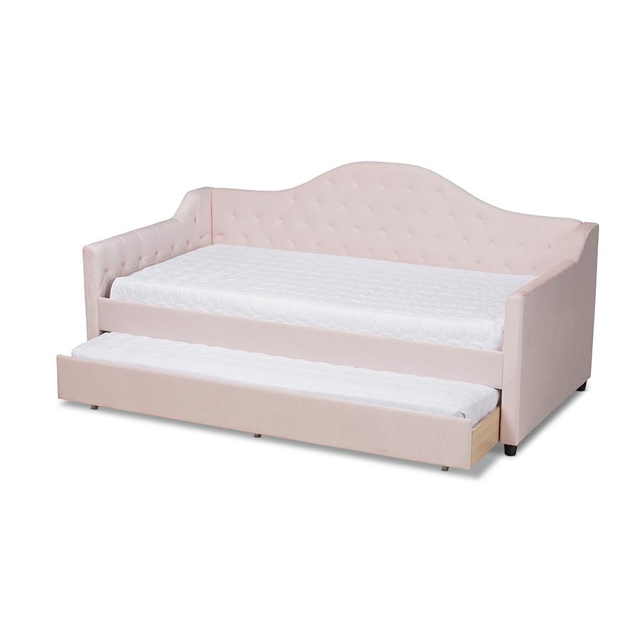Light Pink Velvet and Button Tufted Twin Size Daybed with Trundle. Picture 2
