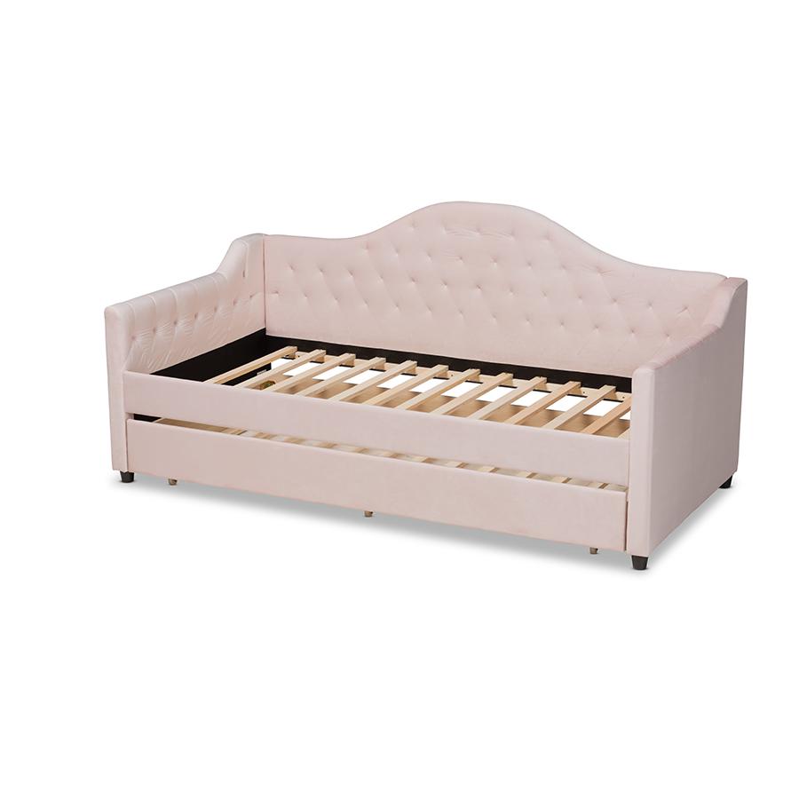 Light Pink Velvet and Button Tufted Twin Size Daybed with Trundle. Picture 4
