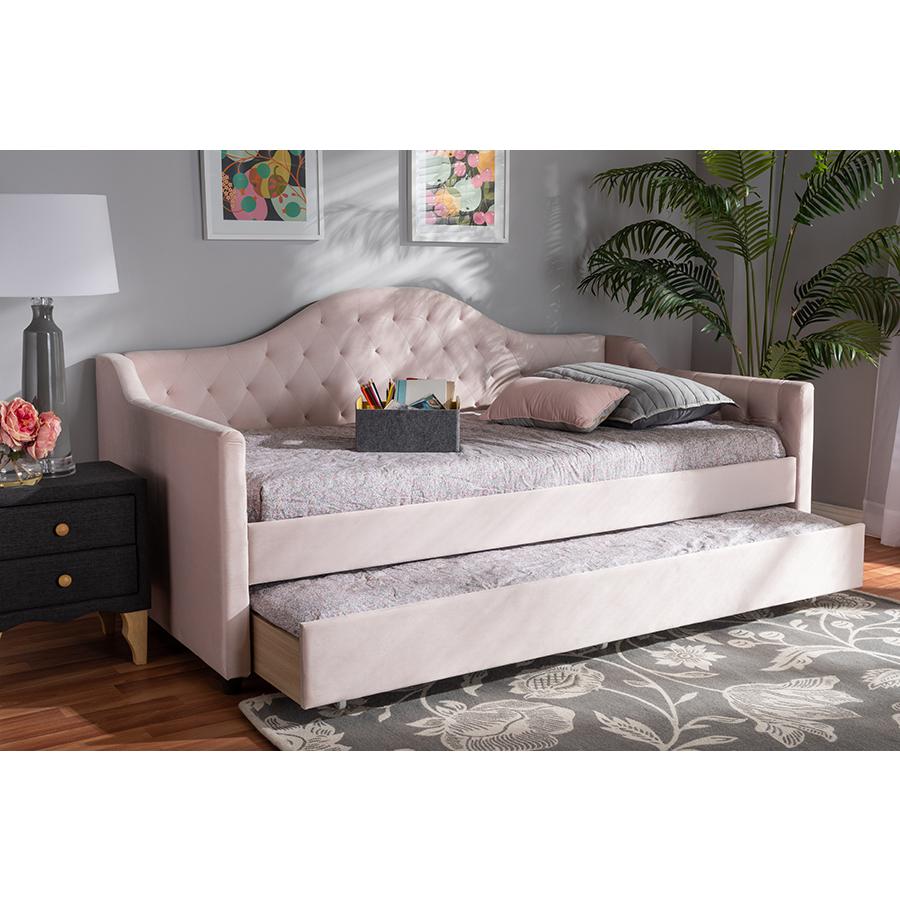 Light Pink Velvet and Button Tufted Twin Size Daybed with Trundle. Picture 8