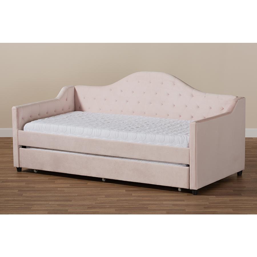 Light Pink Velvet and Button Tufted Twin Size Daybed with Trundle. Picture 9