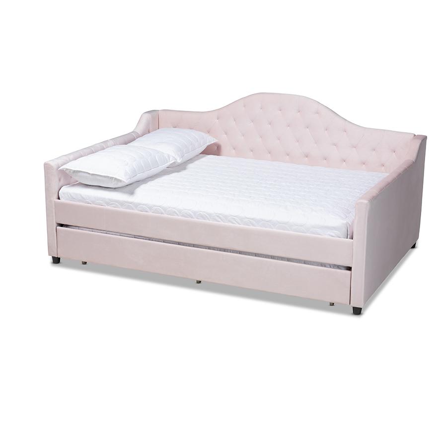 Baxton Studio Perry Modern and Contemporary Light Pink Velvet Fabric Upholstered and Button Tufted Full Size Daybed with Trundle. Picture 1