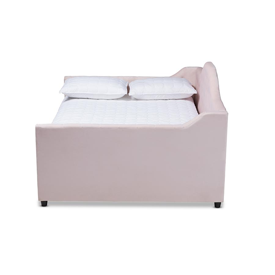 Baxton Studio Perry Modern and Contemporary Light Pink Velvet Fabric Upholstered and Button Tufted Full Size Daybed with Trundle. Picture 3