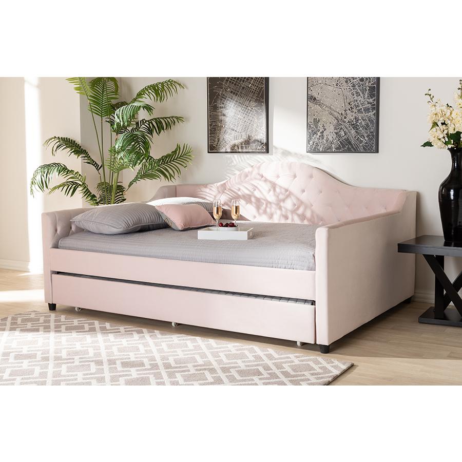 Baxton Studio Perry Modern and Contemporary Light Pink Velvet Fabric Upholstered and Button Tufted Full Size Daybed with Trundle. Picture 7